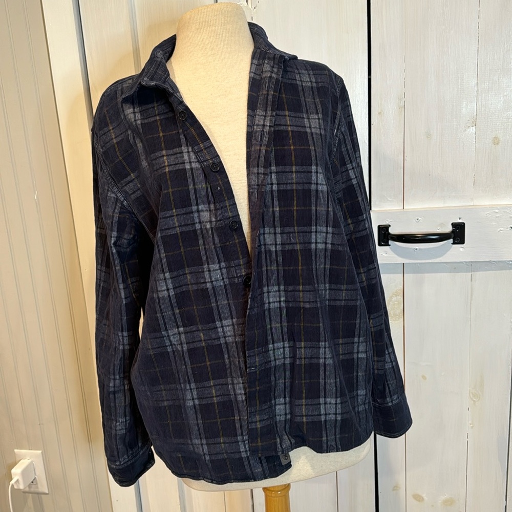 Banana Republic Blue Plaid Corduroy Untucked Slim Fit Button Down